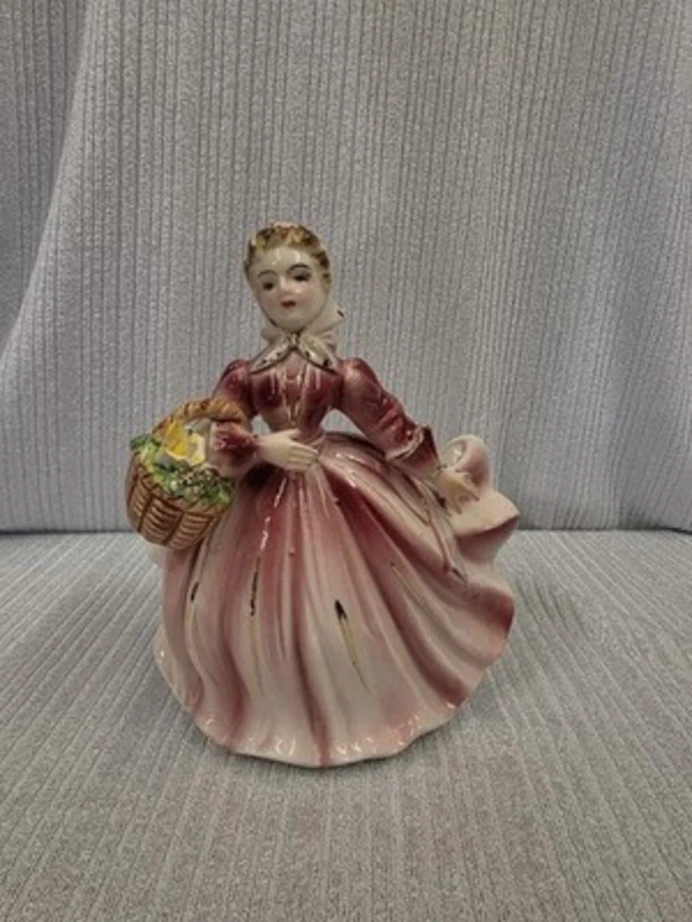 Vintage 1950's Ceramic Girl Figurine Basket Planter Vase, Glossy Pink Dress 6in